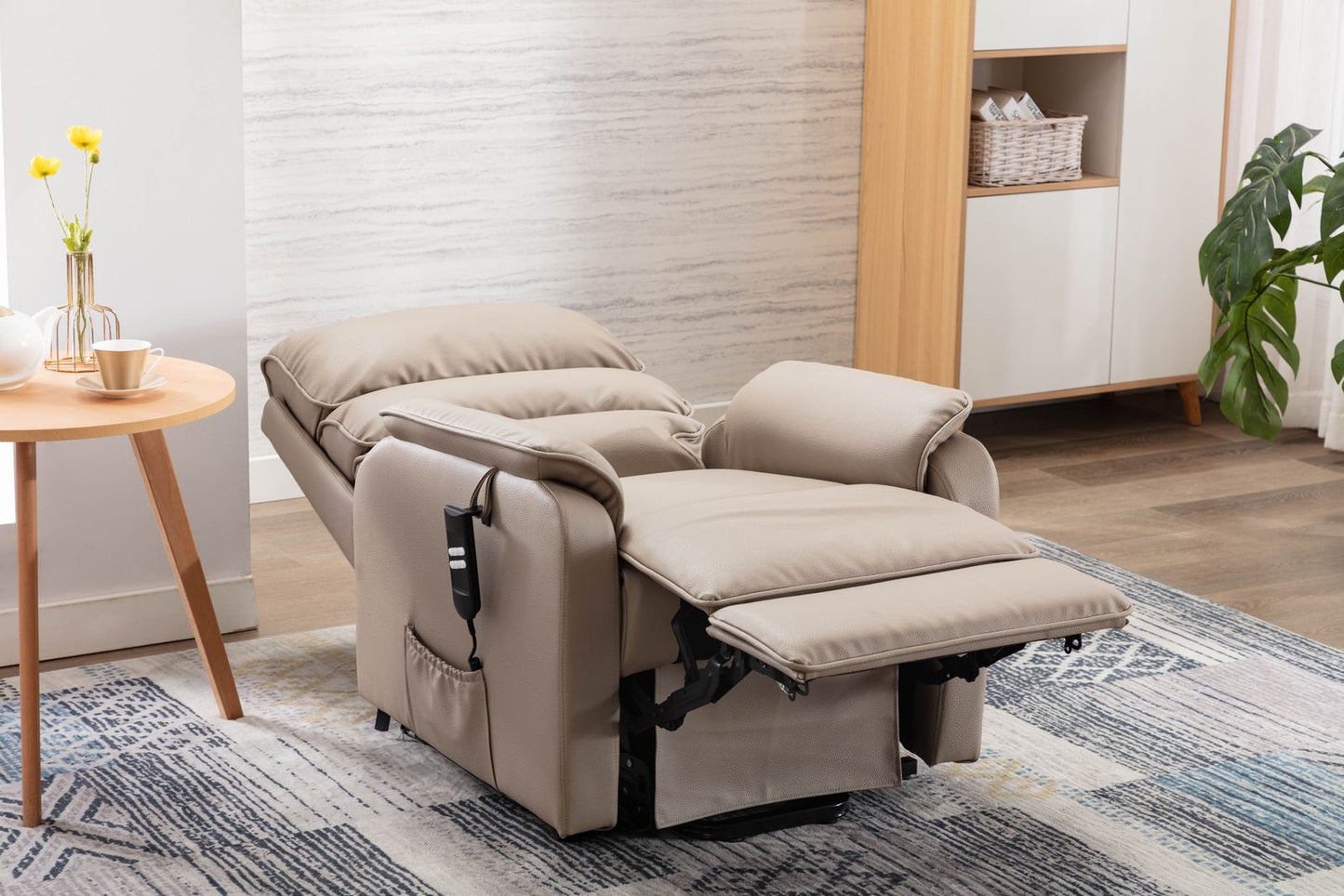 Global Furniture Alliance Valencia Riser Recliner Chair in Pebble Plush Fabric has multiple positions and can be easily adjusted with the remote control