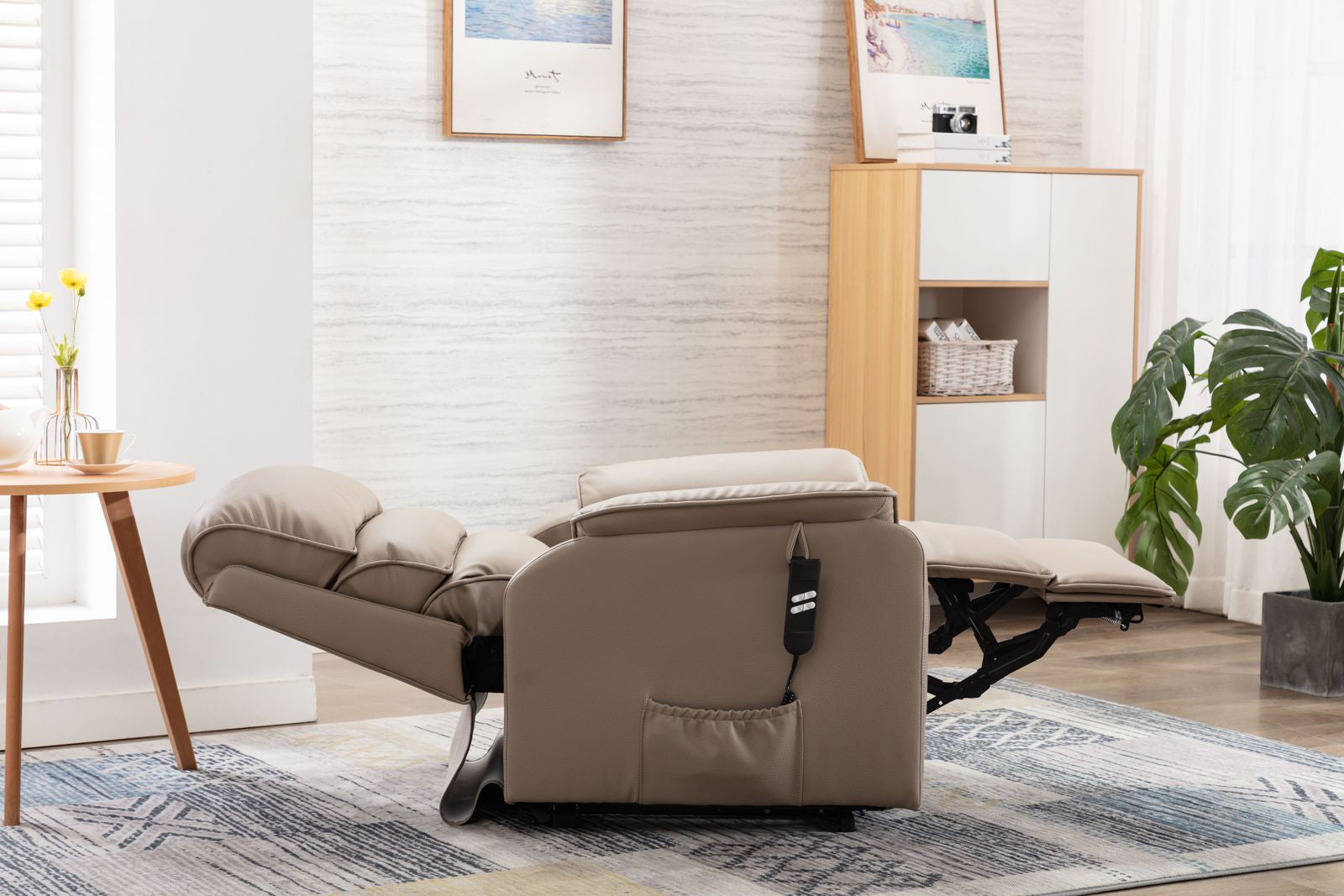 Global Furniture Alliance Valencia Riser Recliner Chair in Pebble Plush Fabric can be fully reclined and features remote control and side pocket