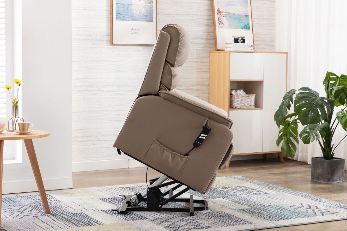 Global Furniture Alliance Valencia Dual Motor Riser Recliner Chair in Pebble coloured Plush Fabric features remote control