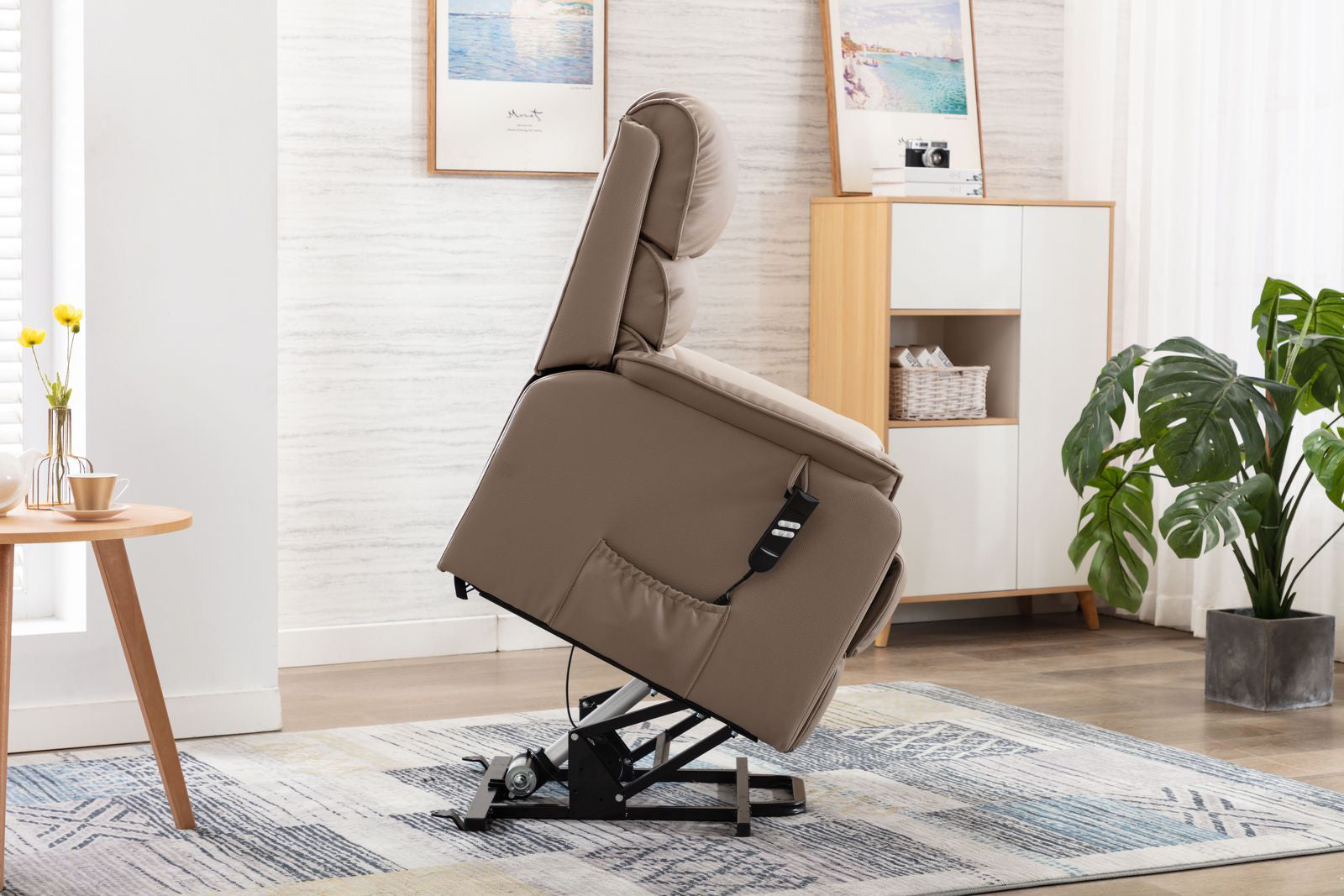 Global Furniture Alliance Valencia Dual Motor Riser Recliner Chair in Pebble coloured Plush Fabric features remote control