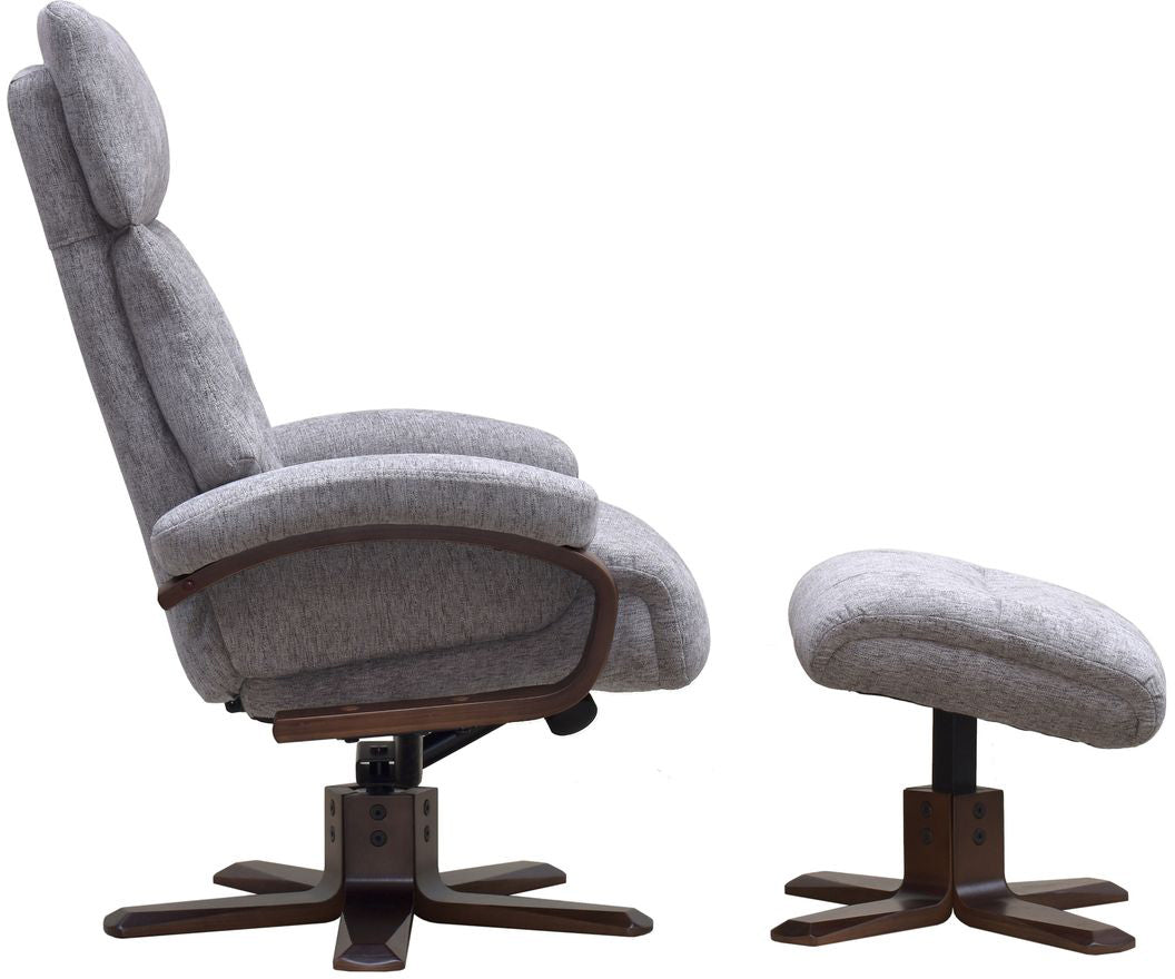 Global Furniture Alliance Vienna Chair and footstool features a swivel and recliner function in a soft, comfortable Taupe upholstery with dark wooden base