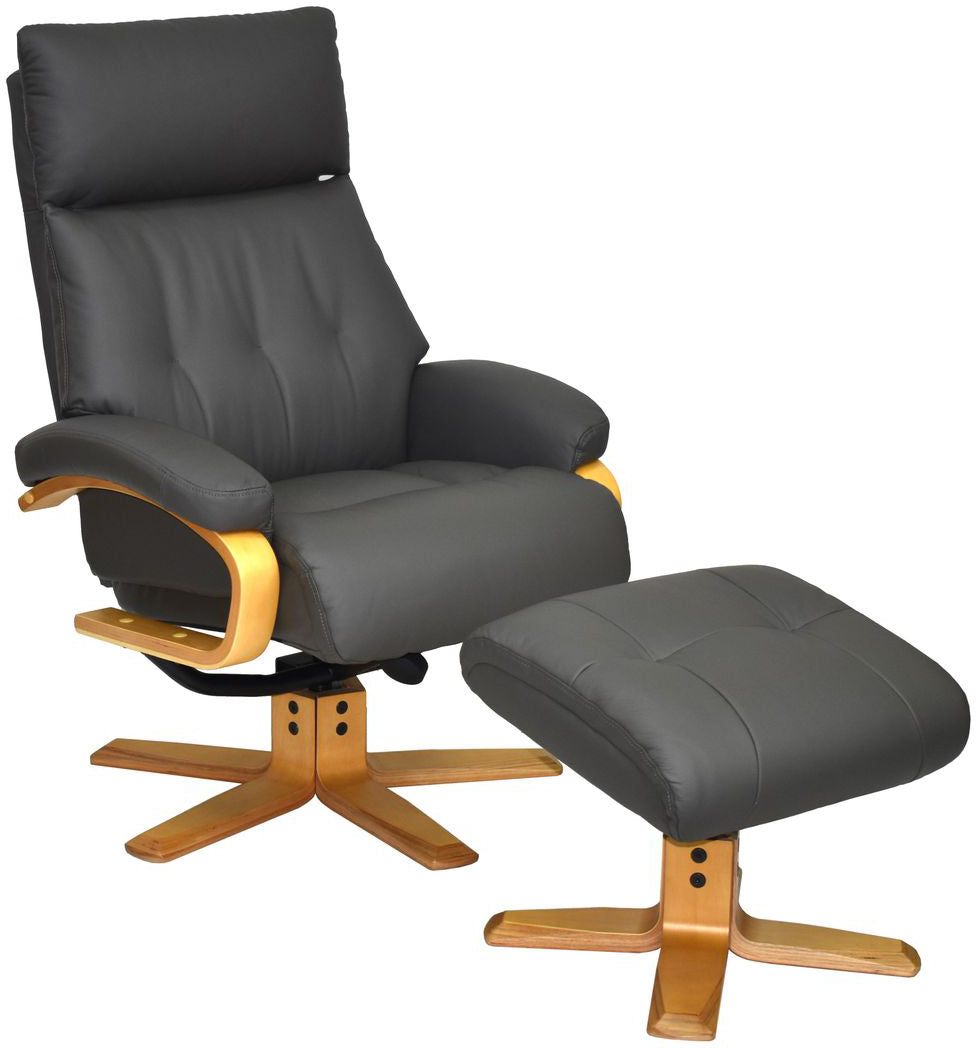Global Furniture Alliance Vienna Chair and footstool in Charcoal Leather as a swivel and recliner function
