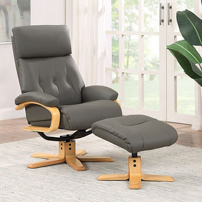 The Global Furniture Alliance Vienna Swivel Recliner Chair and matching footstool are upholstered in Charcoal grey Leather with a light wooden base
