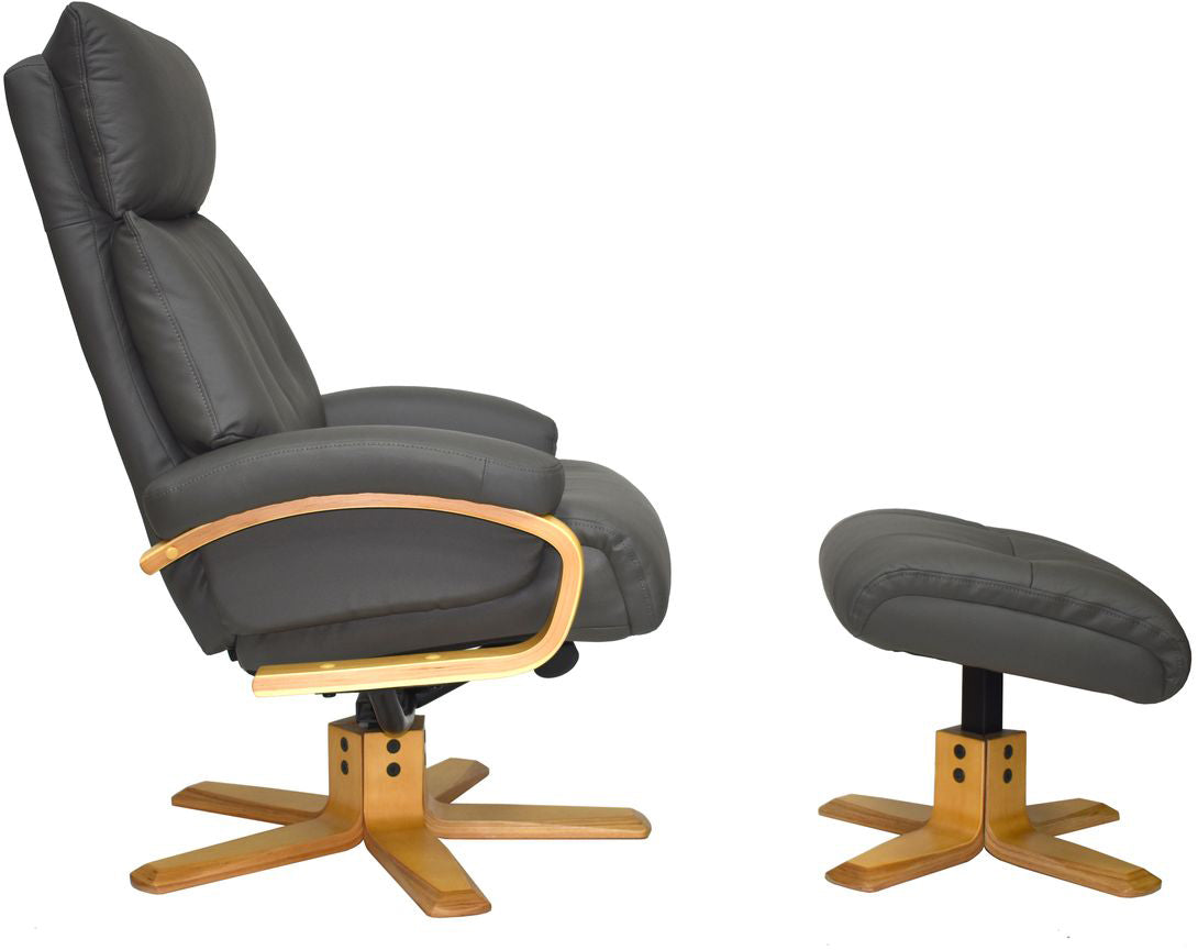 Global Furniture Alliance Vienna Chair and footstool upholstered in Charcoal Leather with a light wooden base
