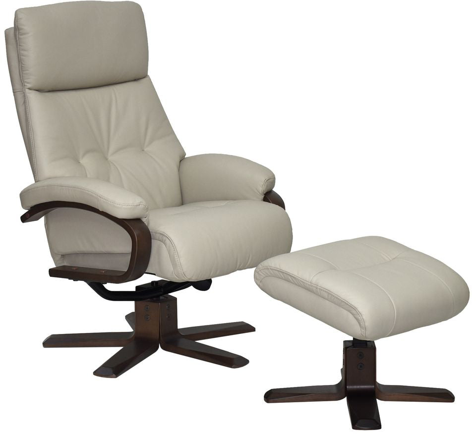 Global Furniture Alliance Vienna swivel and recliner Chair and footstool in Mushroom Leather with dark wood base