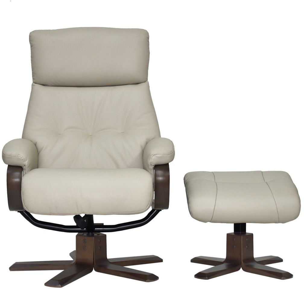 Global Furniture Alliance Vienna Swivel Recliner Chair and Footstool, upholstered in Mushroom Leather with a dark wooden base