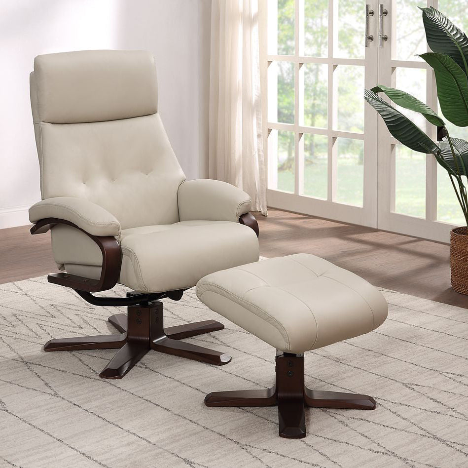 The Global Furniture Alliance Vienna Swivel and Recliner Chair is upholstered in Mushroom Leather with a dark wooden base and comes with a matching footstool 