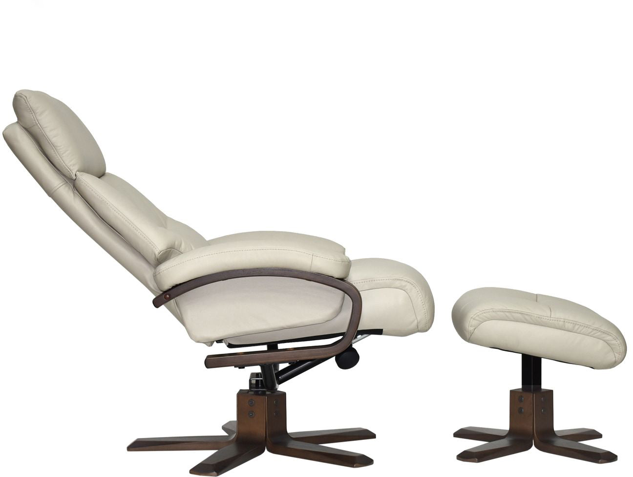 Global Furniture Alliance Vienna Swivel Recliner Chair and footstool in Mushroom Leather with a dark wooden base