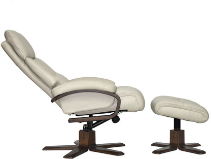 Global Furniture Alliance Vienna Swivel Recliner Chair and footstool in Mushroom Leather with a dark wooden base