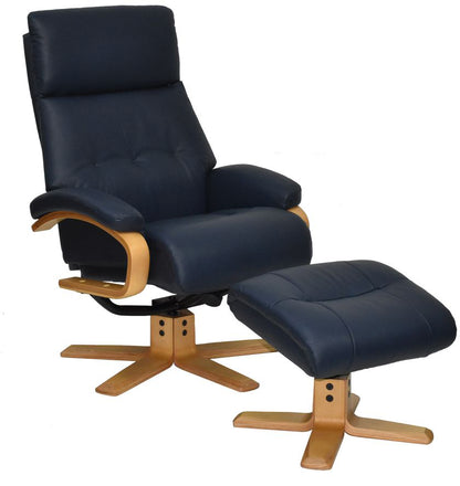 Global Furniture Alliance Vienna Chair and footstool upholstered in Navy Leather with a light wooden base