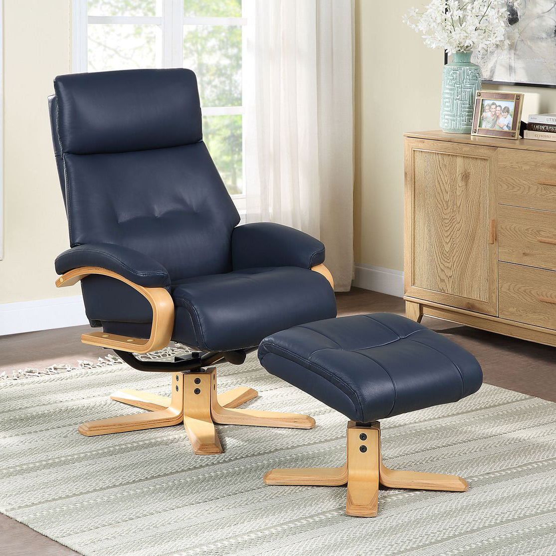 Global Furniture Alliance Vienna Swivel and Recliner Chair in Navy Leather with a matching footstool