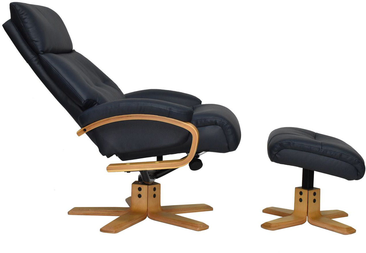 Global Furniture Alliance Vienna Chair and footstool in Navy Leather with light wood base, features a swivel and recline function 
