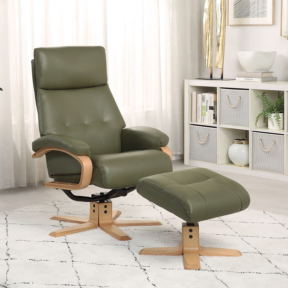 Global Furniture Alliance Vienna Swivel and Recliner Chair and footstool in Olive Green Leather with matching footstool