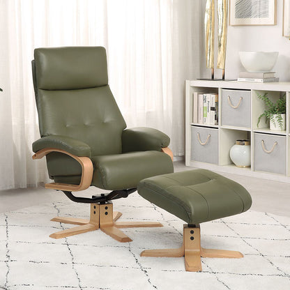 Global Furniture Alliance Vienna Swivel and Recliner Chair and footstool in Olive Green Leather with matching footstool