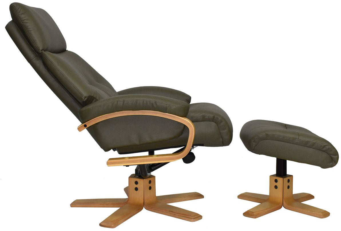 Global Furniture Alliance Vienna Swivel Recliner Chair upholstered in Olive Green Leather with a matching footstool