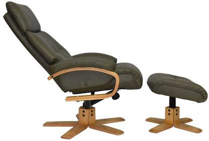 Global Furniture Alliance Vienna Swivel Recliner Chair upholstered in Olive Green Leather with a matching footstool