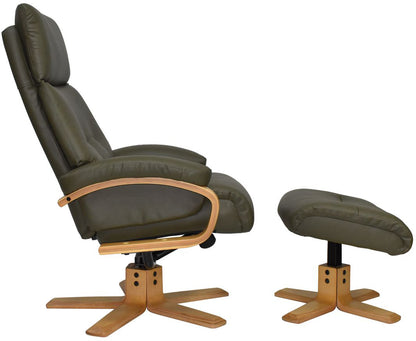 Global Furniture Alliance Vienna Chair and footstool upholstered in Olive Green Leather with a light wood base