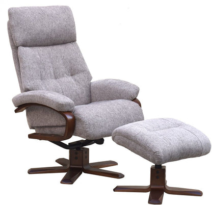 Global Furniture Alliance Vienna Chair and footstool in Taupe Fabric features a swivel and recliner function and deeply padded seat and backrest for extra comfort