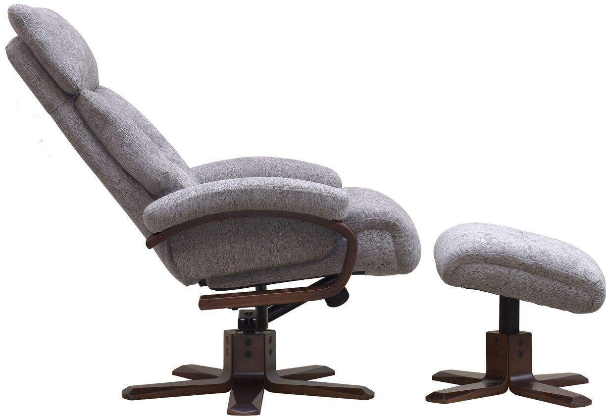 Global Furniture Alliance Vienna Swivel Chair and footstool in Taupe coloured fabric with dark brown wooden base