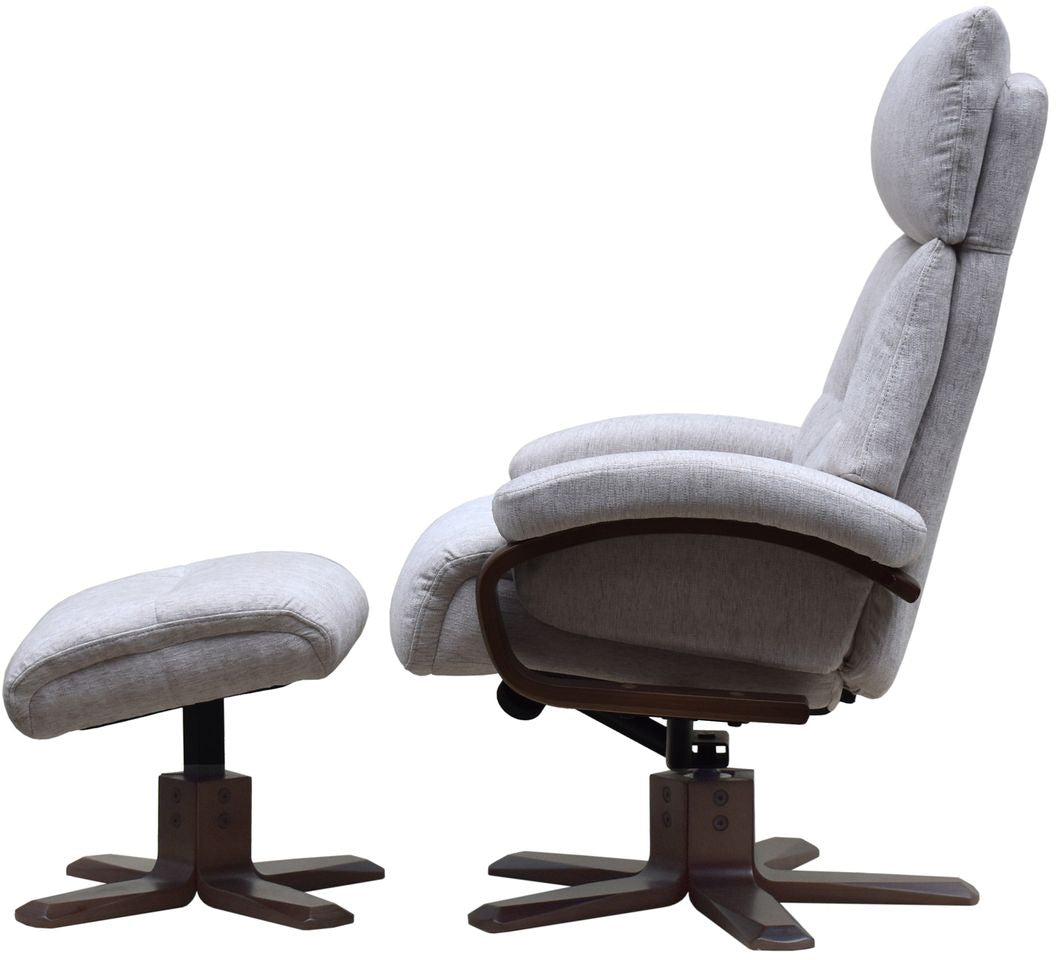 Global Furniture Alliance Vienna Swivel Chair in Beige Fabric has stylish wooden armrests and base, matching footrest