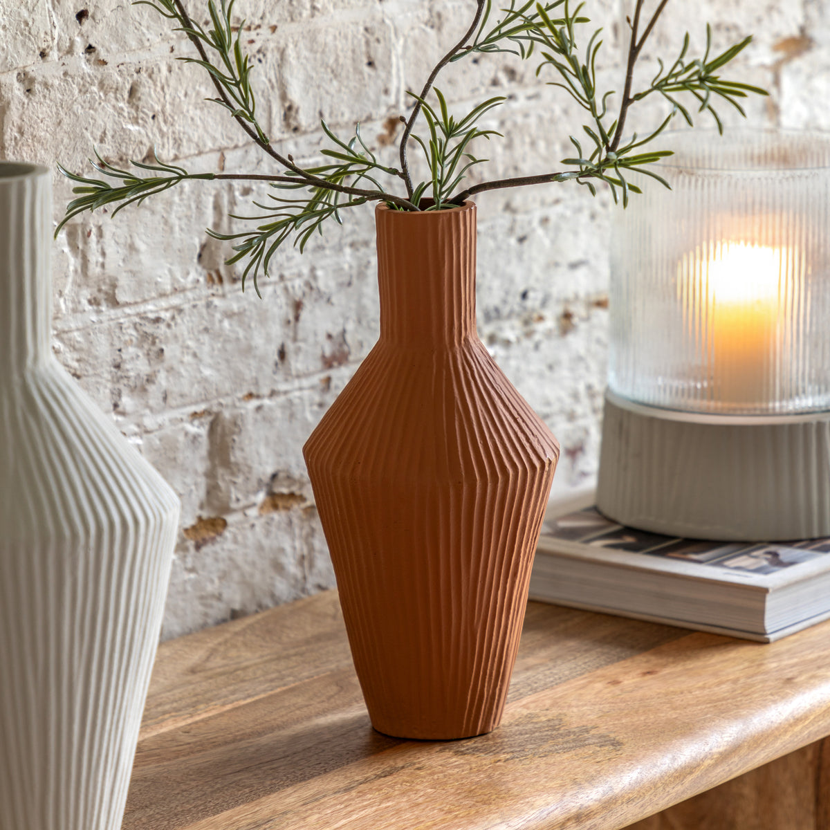 Gallery Direct Zahara Ribbed Cast Metal Vase Terracotta - image 1