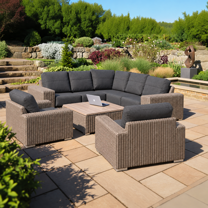 4 Seasons Outdoor Kingston Corner Set with Teak Coffee Table and 2 Armchairs in Pure Weave