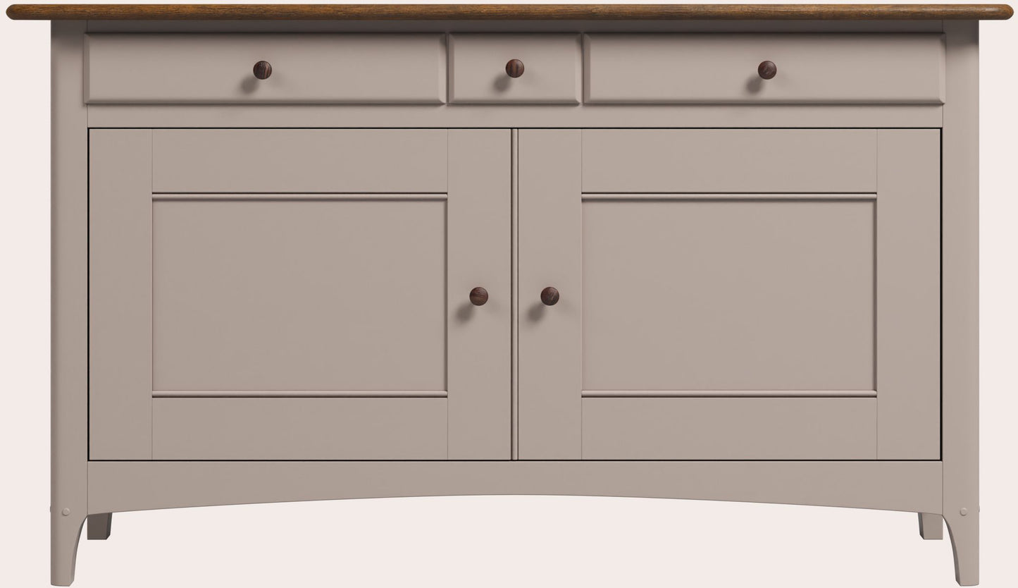 Laura Ashley Hapton sideboard with Soft Truffle painted frame and Dark Chestnut top, two cupboard doors and three drawers in a Shaker style.