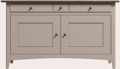 Laura Ashley Hapton sideboard with Soft Truffle painted frame and Dark Chestnut top, two cupboard doors and three drawers in a Shaker style.