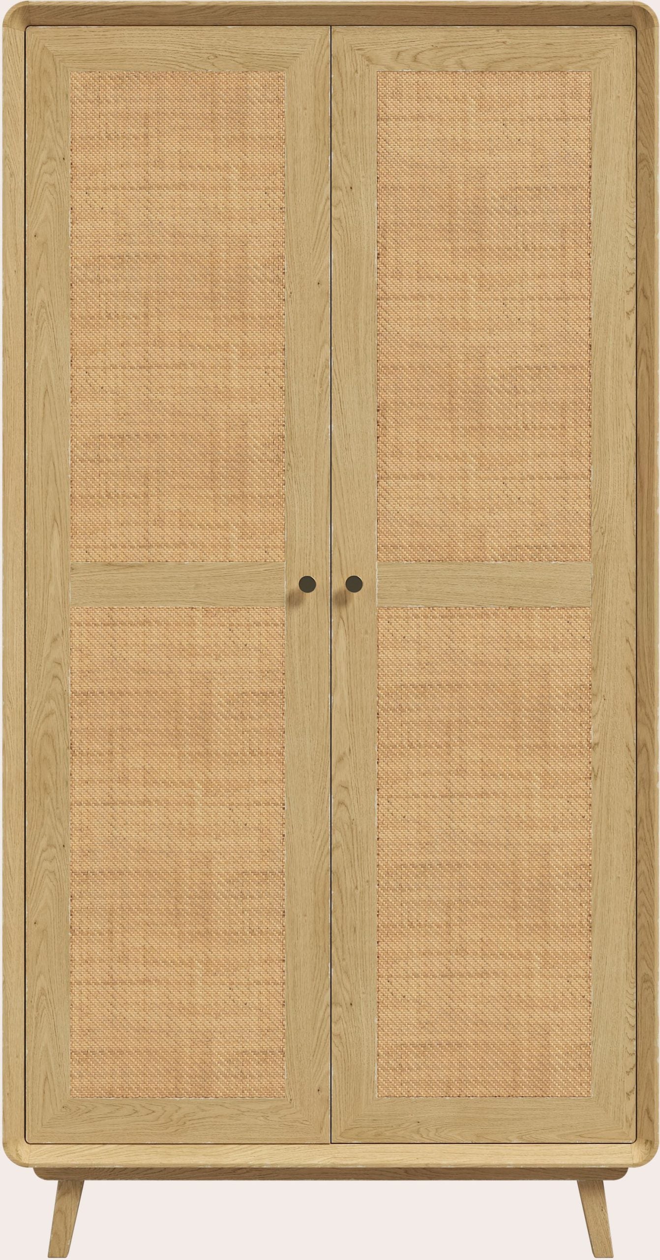Laura Ashley Millen 2 door wardrobe crafted from solid oak and oak veneer with natural rattan panels, gold coloured handles and mid century styling