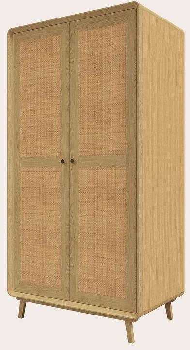 Laura Ashley Millen mid century oak 2 door wardrobe with woven rattan door panels and tapered legs