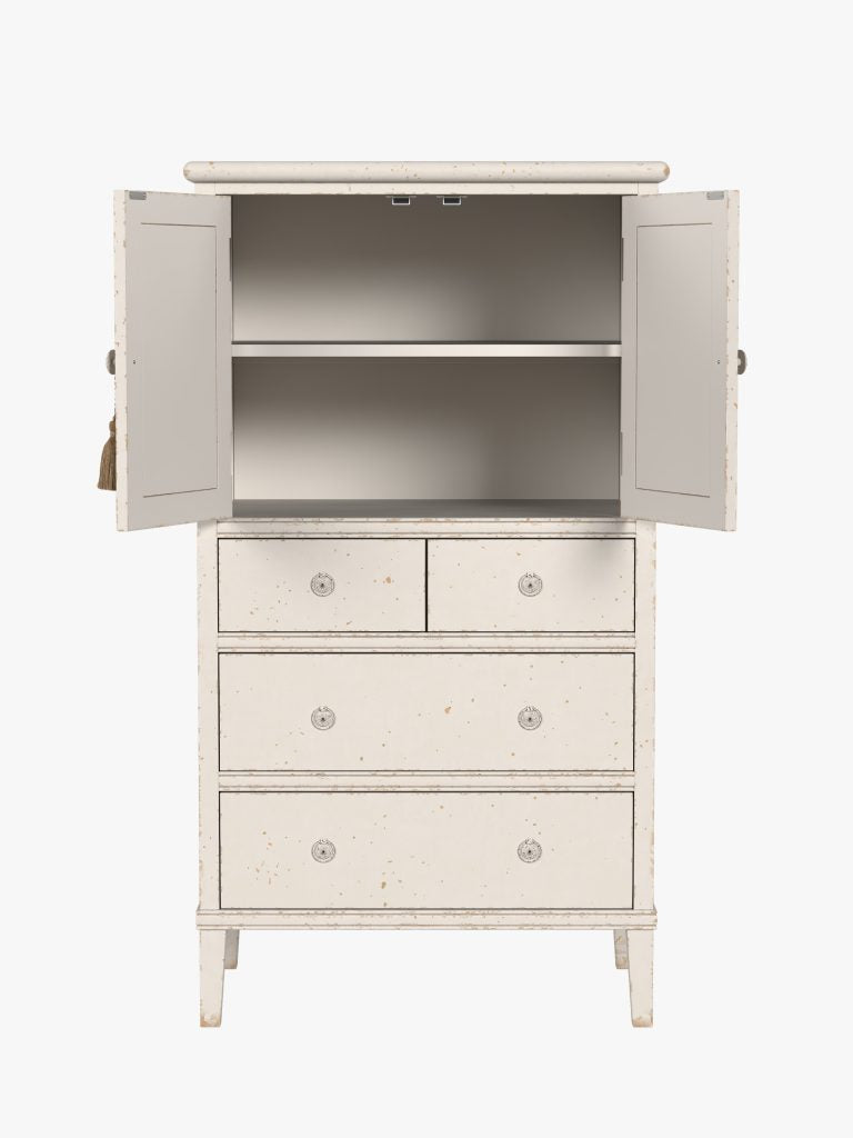 Laura Ashley 2 door 4 drawer bedroom cabinet in antique white with shelving inside
