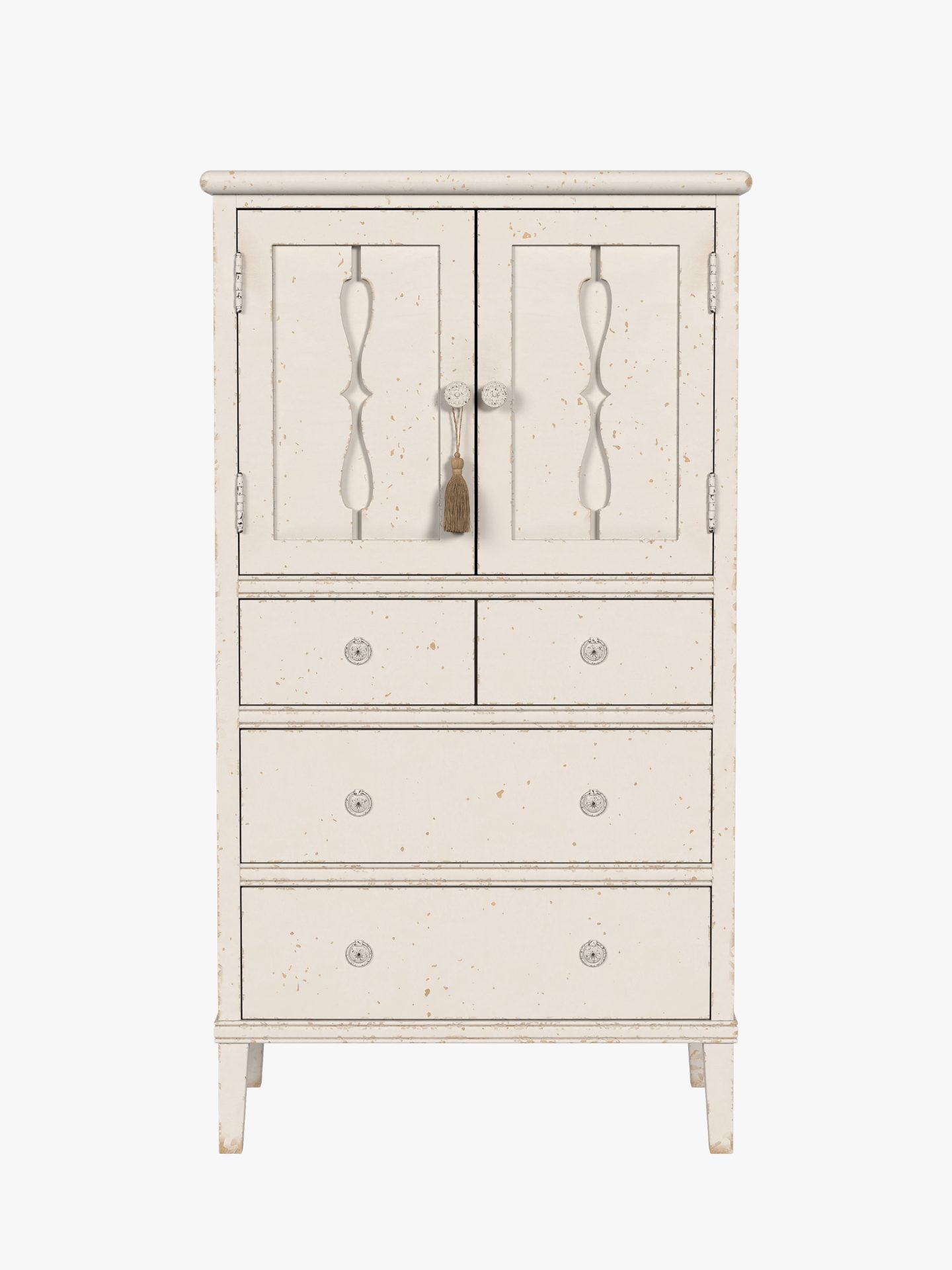 Laura Ashley 2 door 4 drawer cabinet in antique white with interior shelving, and detailed door design