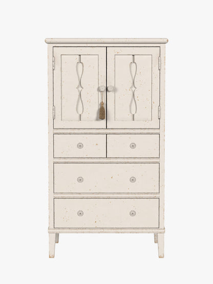 Laura Ashley 2 door 4 drawer cabinet in antique white with interior shelving, and detailed door design