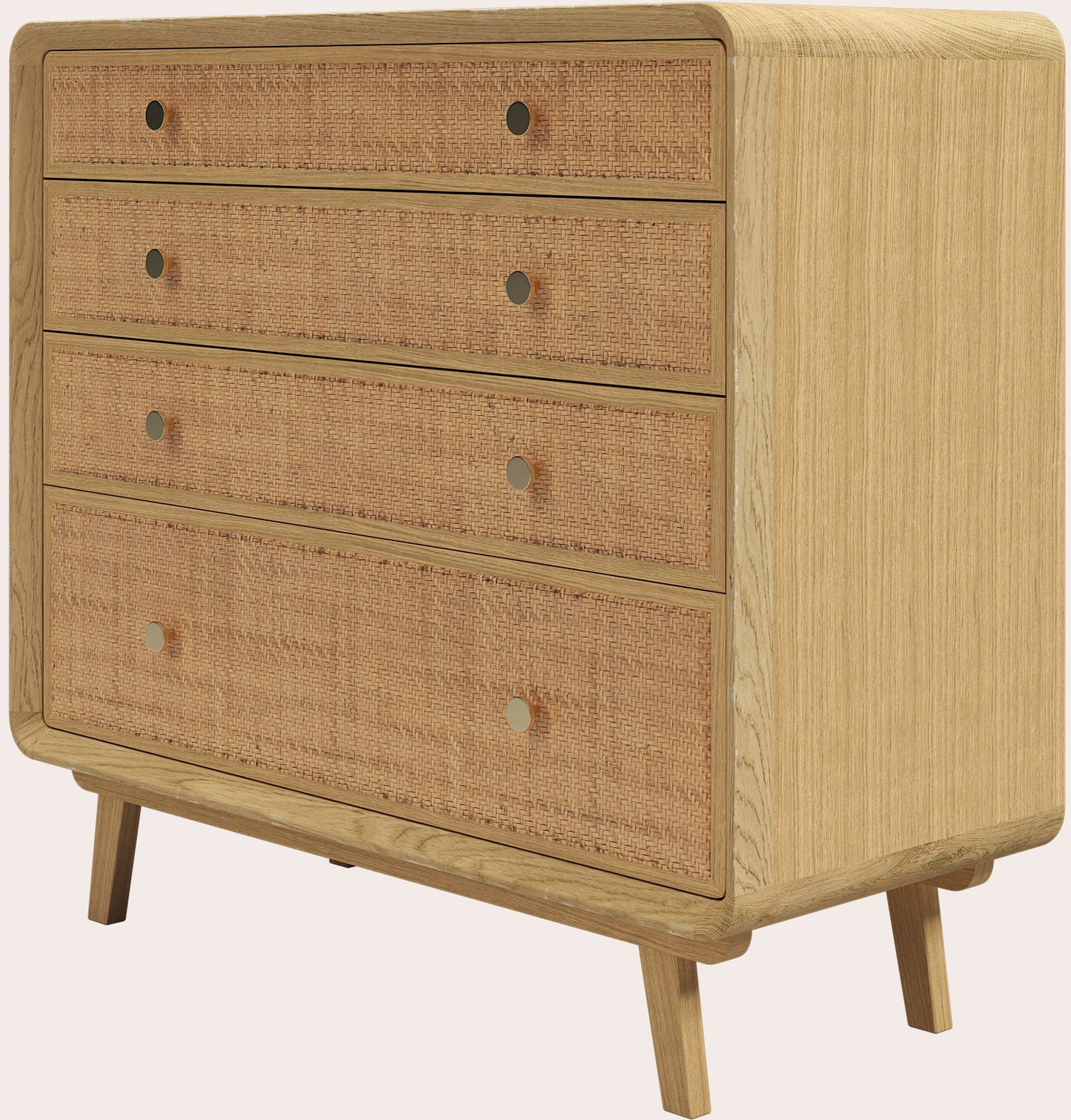 Laura Ashley Millen mid century oak 4 drawer chest with woven rattan fronts, gold coloured knobs and tapered legs