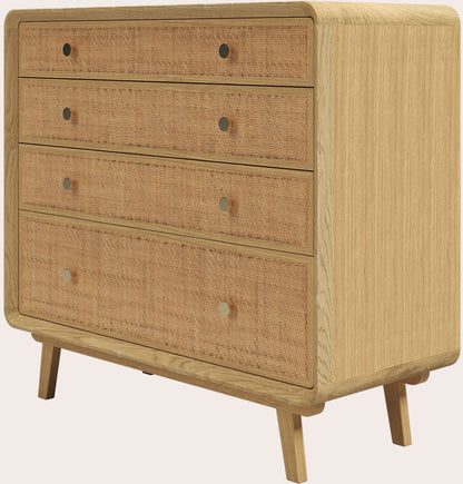 Laura Ashley Millen mid century oak 4 drawer chest with woven rattan fronts, gold coloured knobs and tapered legs
