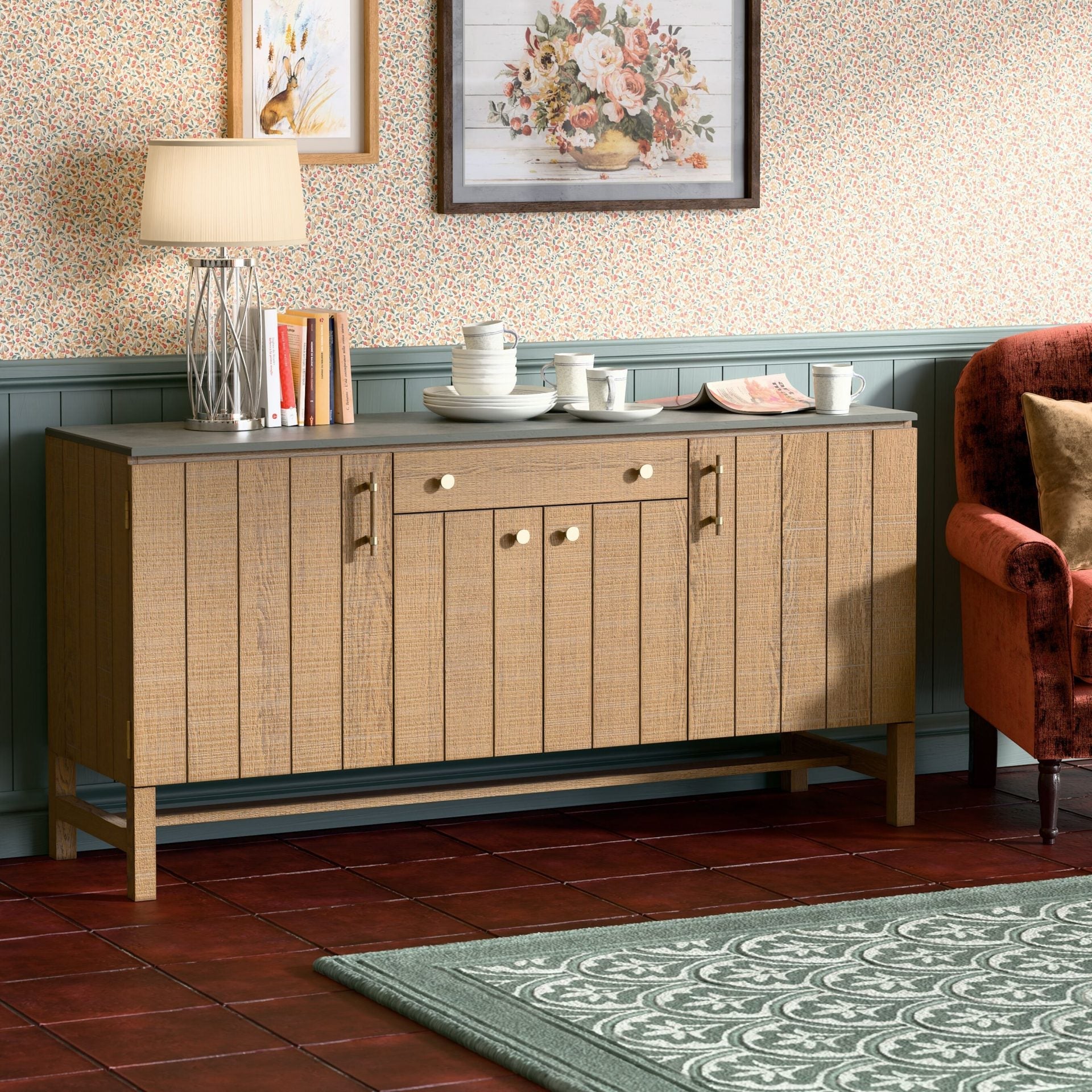 Laura Ashley Braystone 4 door 1 drawer sideboard crafted from solid oak with distressed white-washed finish, in a rustic contemporary style