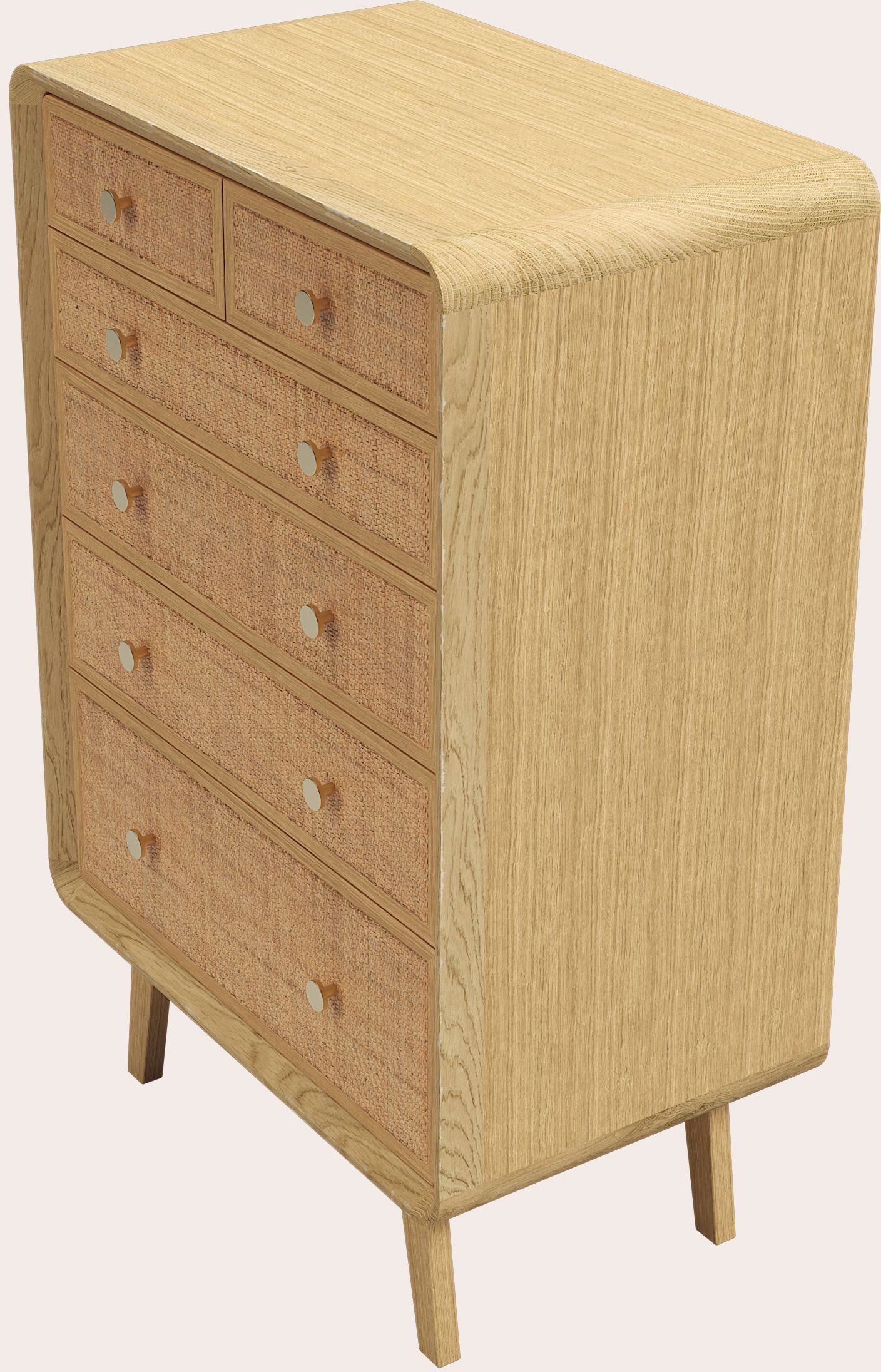 Laura Ashley Millen 6 drawer chest crafted from oak wood with natural rattan drawer fronts, gold coloured knobs and mid century styling