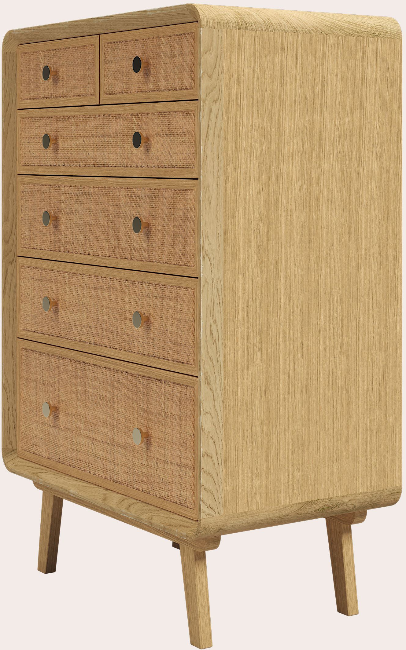 Laura Ashley Millen mid-century oak 6 drawer chest with woven rattan drawers and tapered legs