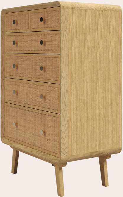 Laura Ashley Millen mid-century oak 6 drawer chest with woven rattan drawers and tapered legs
