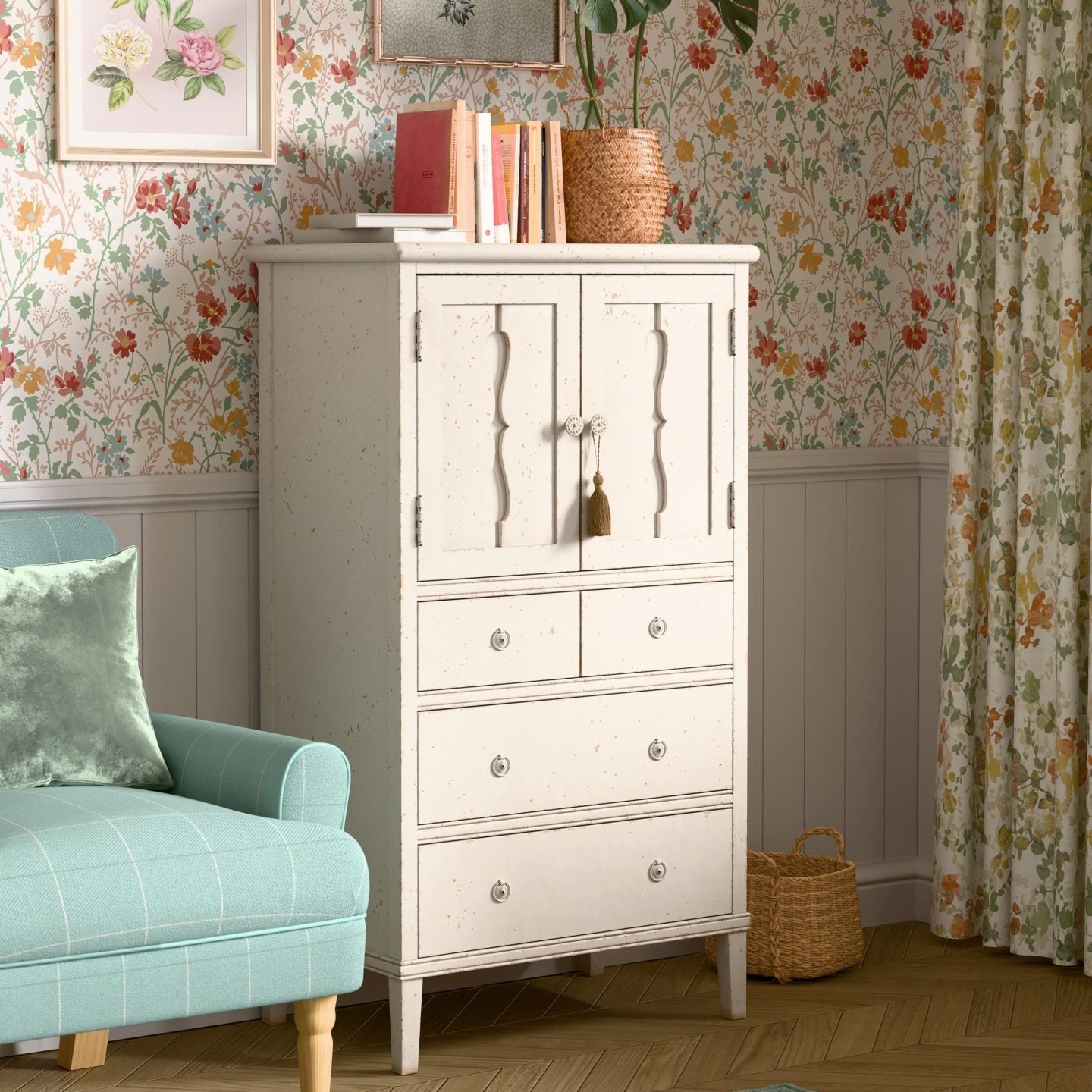 Laura Ashley Annaside 2 Door 4 Drawer Cabinet crafted from solid poplar wood in a distressed antique white and cream finish, rustic French style bedroom storage furniture