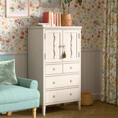 Laura Ashley Annaside 2 Door 4 Drawer Cabinet crafted from solid poplar wood in a distressed antique white and cream finish, rustic French style bedroom storage furniture