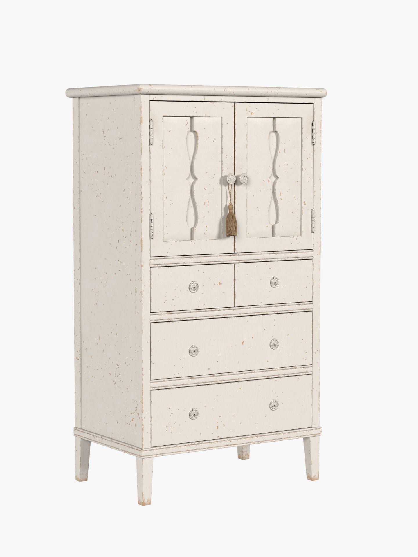 Laura Ashley Annaside 2 door 4 drawer bedroom cabinet in solid poplar wood with distressed antique white and cream finish, rustic French inspired design