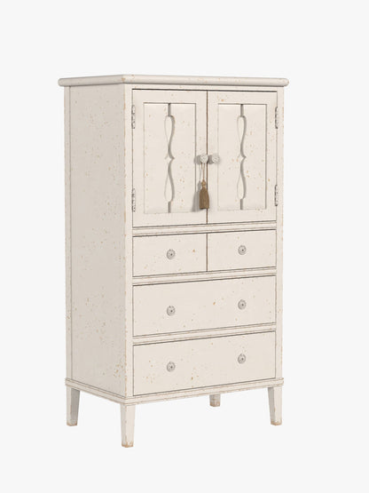 Laura Ashley Annaside 2 door 4 drawer bedroom cabinet in solid poplar wood with distressed antique white and cream finish, rustic French inspired design