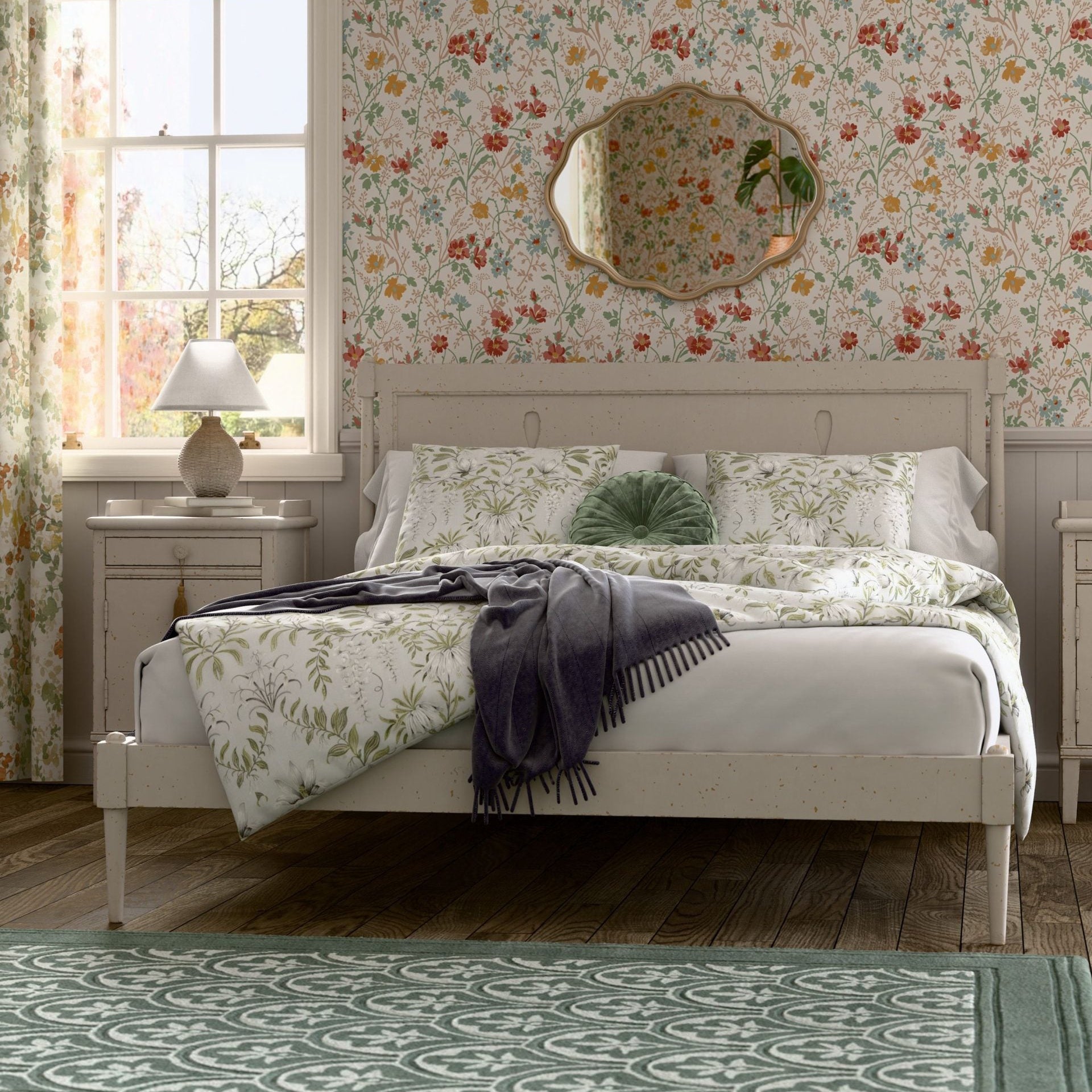 The Laura Ashley king size bed from the Annaside bedroom collection features a vintage inspired light cream painted finish