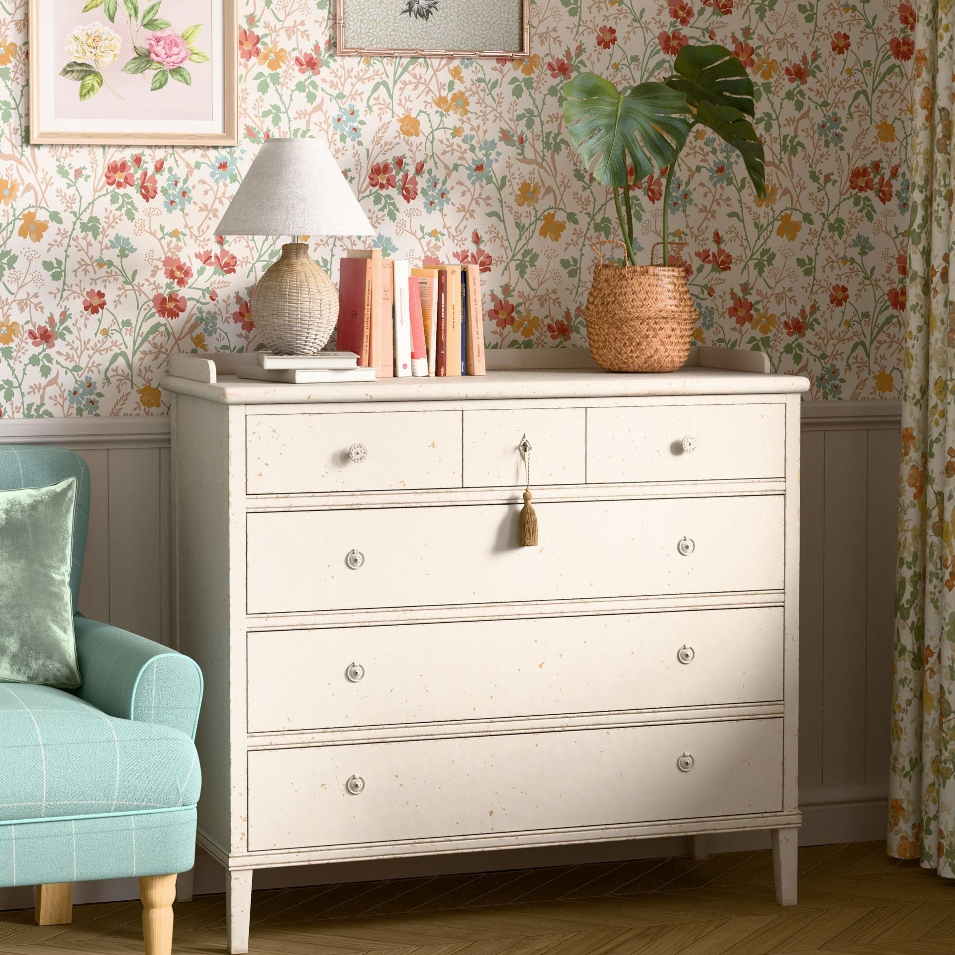 Laura Ashley Annaside 6 Drawer Chest in a light cream vintage inspired finish