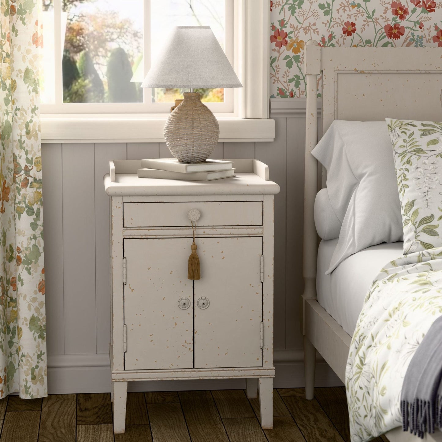 The Laura Annaside Bedside Cabinet from the Annaside range features 1 drawer and 2 doors in a light cream, vintage inspired design