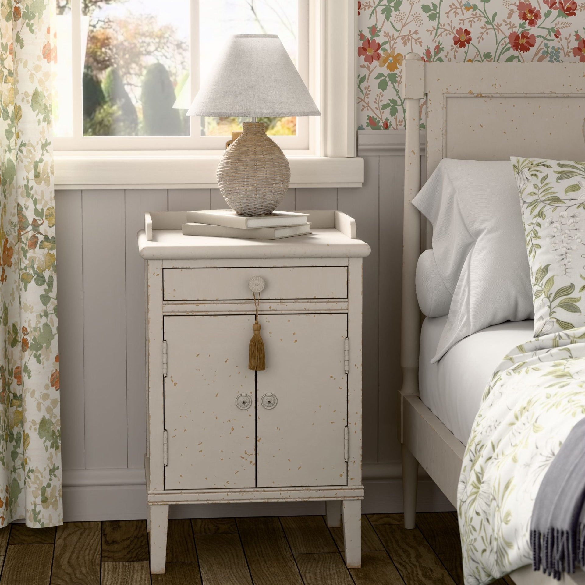 The Laura Annaside Bedside Cabinet from the Annaside range features 1 drawer and 2 doors in a light cream, vintage inspired design