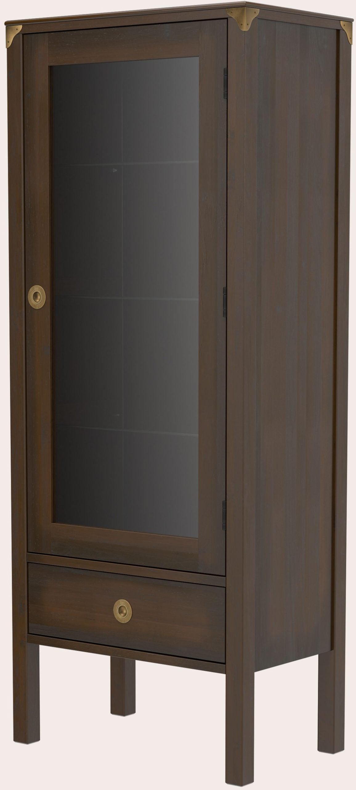 Laura Ashley Balmoral 1 Door 1 Drawer Display Unit in Chestnut birch wood with glass panelled door and 1 lower drawer for storage with brass details