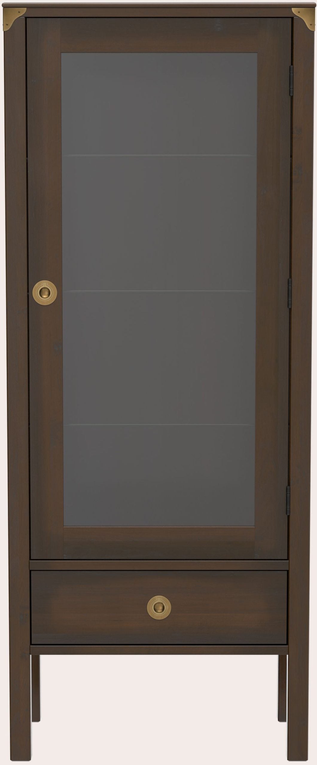 Laura Ashley Balmoral 1 Door 1 Drawer Display Unit in a deep Chestnut colour features a glass fronted door and 1 lower storage drawer with brass handles, and brass corner brackets to the top frame