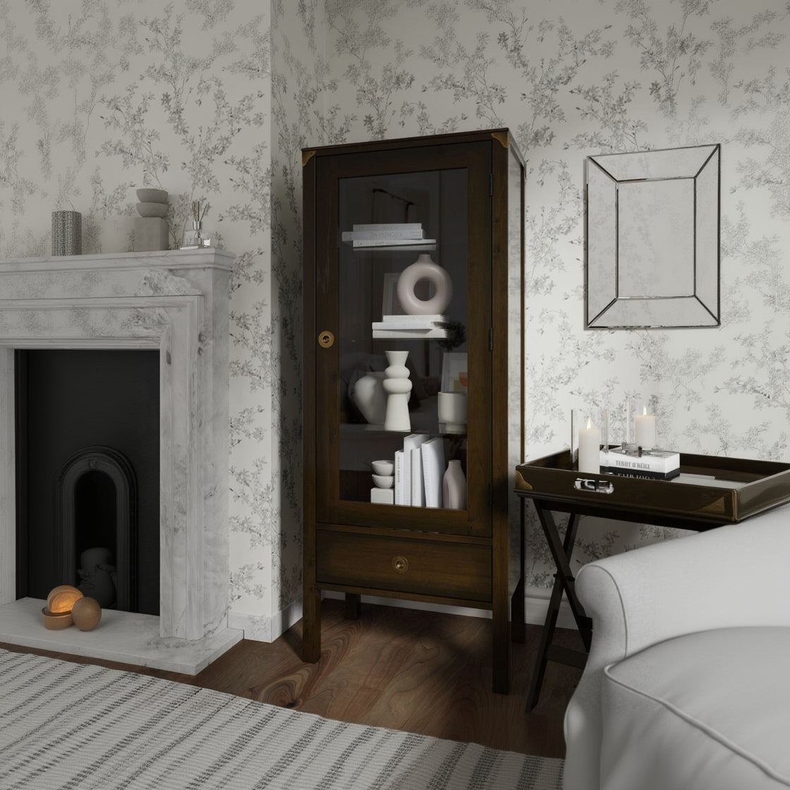 Laura Ashley Balmoral display cabinet has 1 glass door, 3 internal glass shelves and 1 lower drawer for storage in a deep chestnut coloured birch wood complemented by brass effect handles and corner brackets